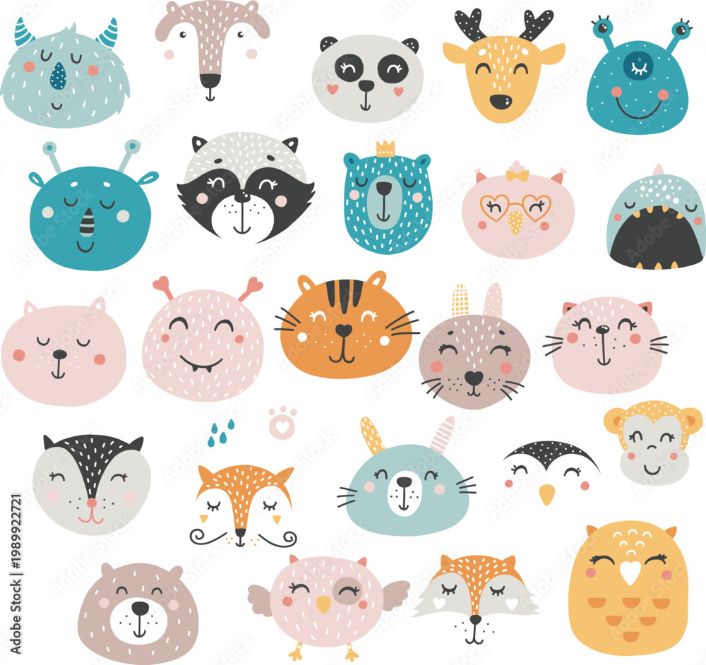 Obraz premium Collection of Cute Cartoon Animal Faces animals illustration