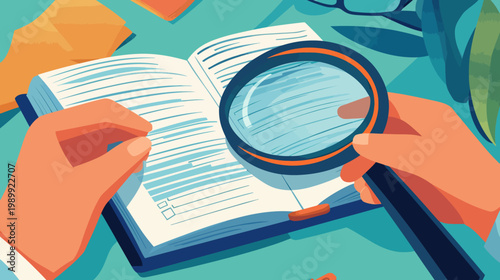 Illustration of hands with a magnifying glass examining an open book against a teal and green background