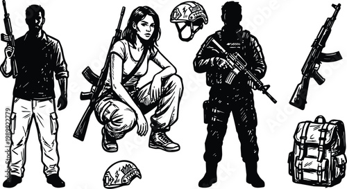 Black and white vector soldiers and armed figures with rifles helmet and backpack