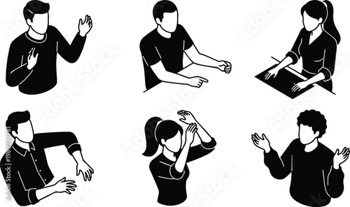 Black and white vector faceless figures making assorted hand gestures in three by two grid