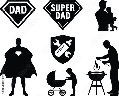 Fatherhood Icons Silhouette Collection Keywords: dad, father, fatherhood, superhero, baby