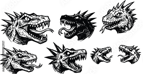 Black and white hand drawn dinosaur head set snarling raptor profiles with open mouths and tongues