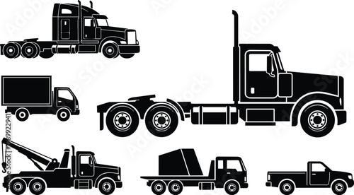 Black and white truck silhouettes multiple commercial rigs flat vector illustration set