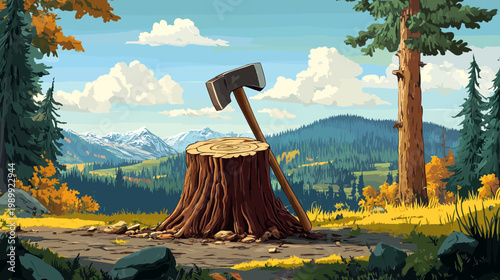 A picturesque view featuring an ax embedded in a tree stump, with mountains and forests in the background