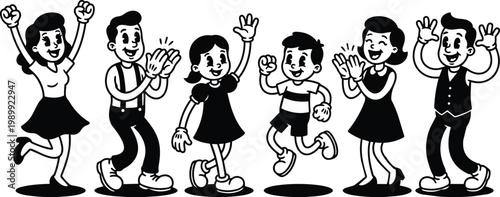 Retro black and white line art six people cheering in row mid century cartoon scene