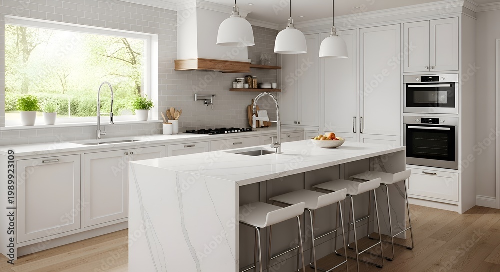 Fototapeta premium Modern white kitchen with island, sleek cabinetry, and large window overlooking greenery.