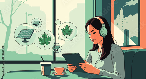 Focused young woman in a contemporary cafe setting, engaged with her tablet and headphones, pondering eco-friendly solar energy and nature conservation.