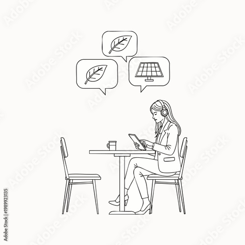 Woman using tablet and headphones, contemplating sustainable energy and environmental conservation. Line art illustration of modern eco-friendly thinking and technology.