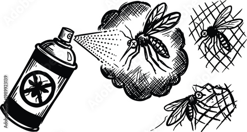 Black and white line art spray can killing mosquitoes with dotted cloud and crossed eye insects