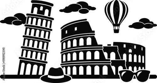 Black and white vector scene leaning tower of pisa and colosseum with hat sunglasses and hot air balloon