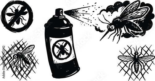 Black and white spray can killing mosquito with mesh trapped insects vector art