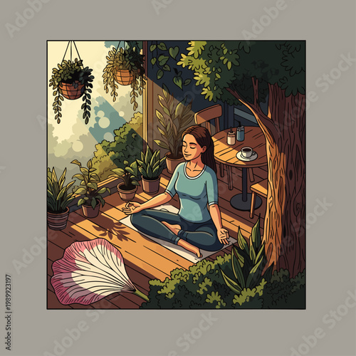Woman meditating peacefully on a sunlit balcony surrounded by lush green plants and flowers, enjoying a tranquil moment.