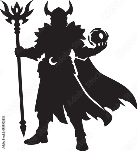 Mysterious sorcerer holding orb and staff with moon symbol on cloak silhouette.
