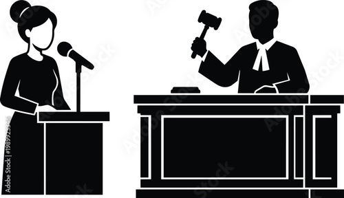 Black and white flat courtroom scene woman witness at microphone and judge raising gavel