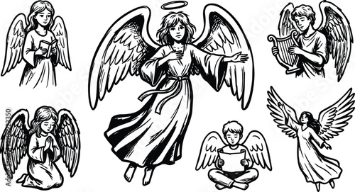 Line art black and white angels set with halo harp praying and reading poses
