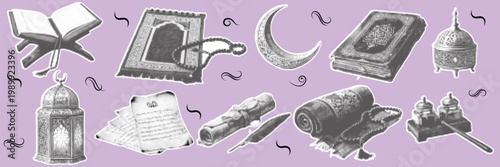 halftone pop art islamic culture elements set with quran lantern crescent knife and religious objects collection