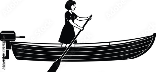 Black and white line art woman standing and rowing in wooden rowboat with outboard motor