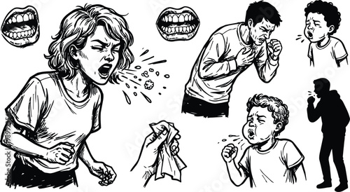 Black and white line art woman sneezing droplets man coughing child coughing silhouettes