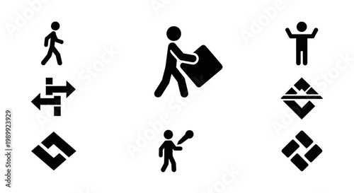 Collection of stylized human figures in motion and abstract shapes for graphic design