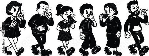 Black and white retro vector people coughing sneezing six characters walking row