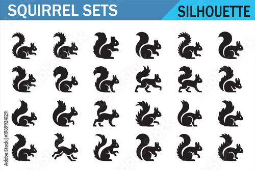 Squirrel silhouette set with multiple poses and bushy tails isolated on white background