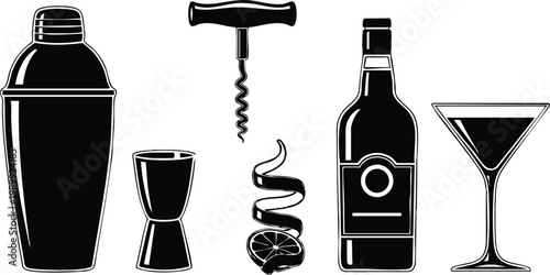 Black and white cocktail shaker jigger corkscrew bottle and martini glass line art