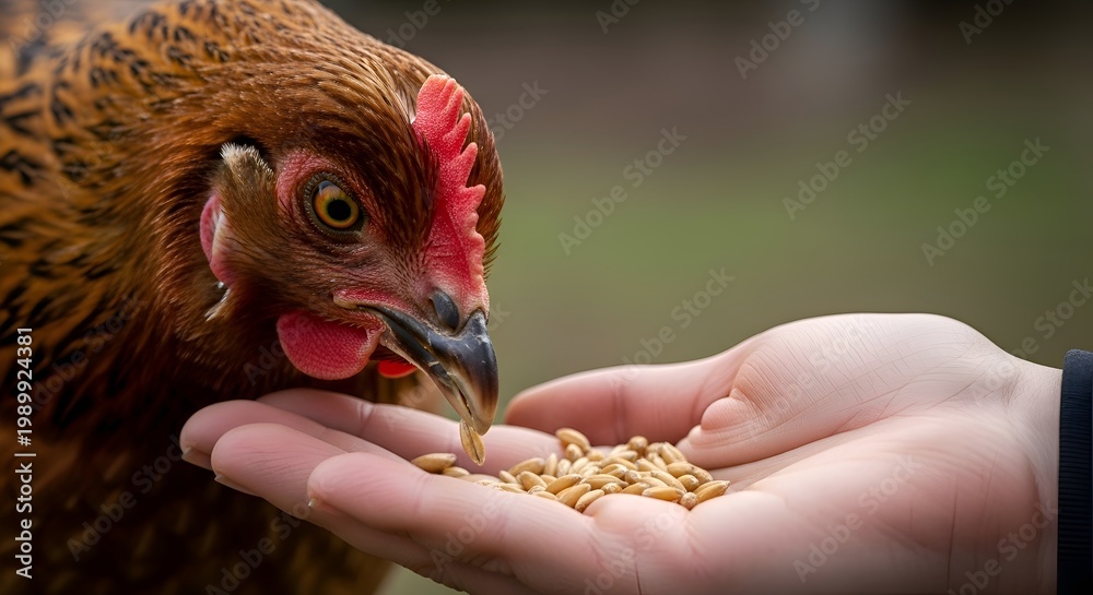 Fototapeta premium Close-up of a brown chicken eating grain from a person's outstretched hand