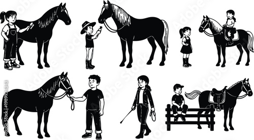 Children grooming and riding horses in black and white vector line art