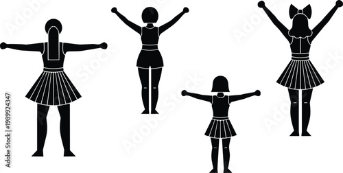 Cheerleader silhouette group with raised arms and pleated skirts back view vector art