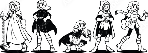 Black and white line art five female adventurer poses with dagger cape thumbs up