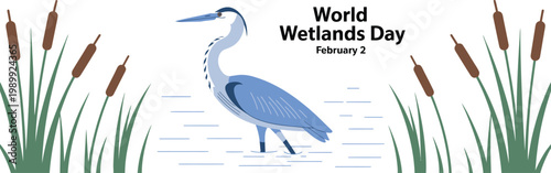 Heron in a wetland for World Wetlands Day illustration Keywords: heron, bird, wetlands, marsh