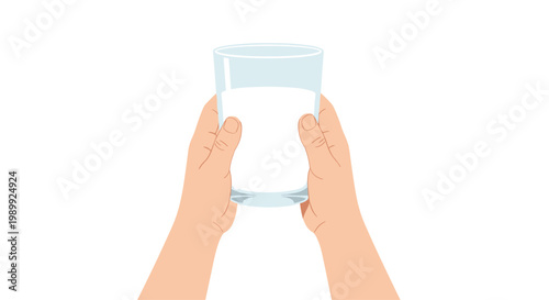 A pair of hands rendered in a smooth flat vector style holds a transparent glass brimming with nutritious white milk against a stark white background.