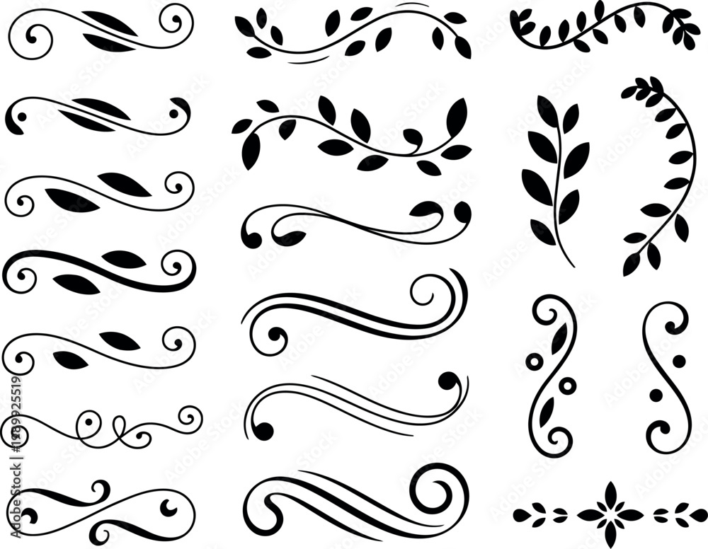 Fototapeta premium Collection of decorative floral and vinelike ornamental elements isolated on transparent background