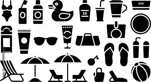 Collection of black flat icons representing summer beach vacation and holiday items