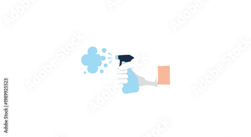 A hand protected by a white rubber glove firmly grips a blue plastic spray bottle while releasing a fine mist of liquid cleaning solution into air.
