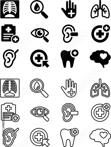Collection of medical healthcare icons representing body parts and diagnostic tools