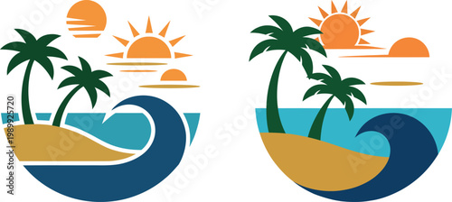 Stylized tropical island scene with palm trees and crashing waves under a bright sun