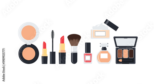 A sophisticated horizontal arrangement of realistic cosmetic products features powder compacts, vibrant lipsticks, dark mascara, a fluffy brush, and perfume.