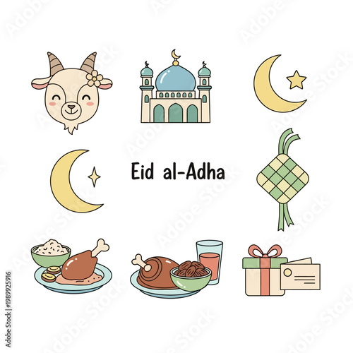 Eid Al-Adha celebration with traditional symbols and food, a festive illustration