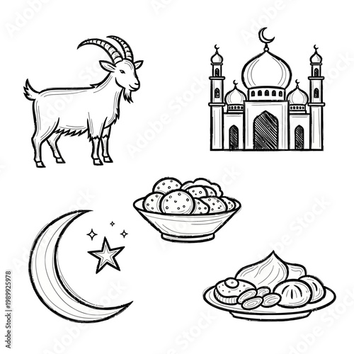 Hand-drawn collection of iconic Islamic cultural and holiday symbols, featuring a majestic mosque, traditional sacrificial goat, crescent moon, and delectable festive sweets