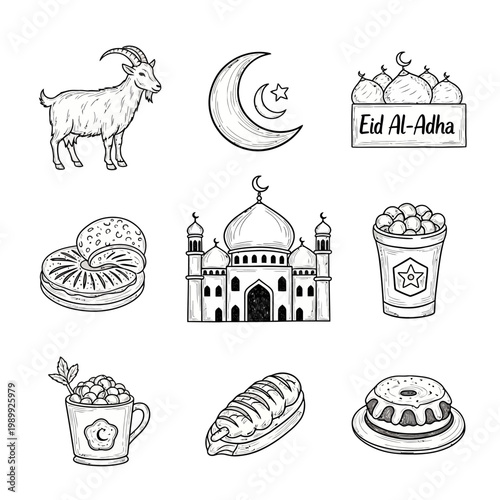 Set of hand-drawn illustrations celebrating Eid al-Adha, featuring animals, religious symbols, food, and festive elements