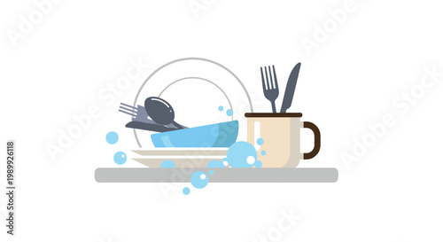 A collection of pristine clean white plates and a blue bowl sit neatly stacked beside a cream mug with fresh soap bubbles floating around in the air.