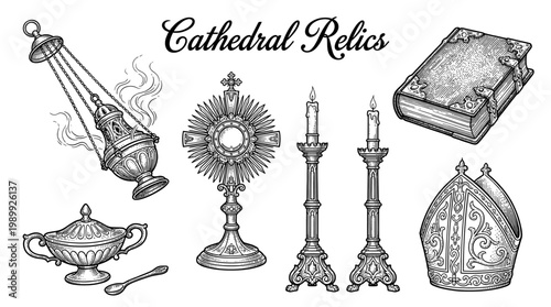 Hand Drawn Set of Catholic Church Religious Symbols and Cathedral Relics Including Monstrance, Censer, Bible, Miter, and Candlesticks in Vintage Engraving Style
