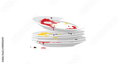 A precarious stack of five dirty white ceramic plates features dripping red tomato sauce and yellow food residue stains against a stark white background.