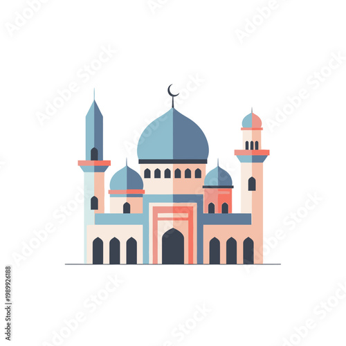 Vibrant flat design illustration of a mosque with classic domes and towering minarets, symbolizing Islamic prayer, spiritual peace, and cultural heritage