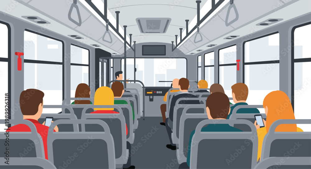 Fototapeta premium Diverse passengers sit in rows on a modern gray bus while some individuals look at their smartphones during a quiet commute through the city streets.