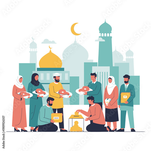 Muslims donating to charity, a scene of community and religious devotion during Ramadan or Eid