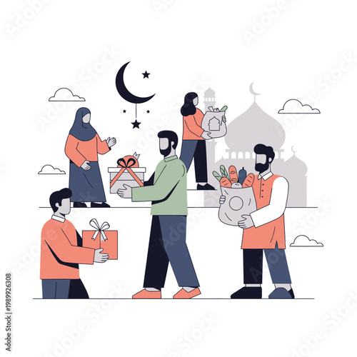 Community members celebrating religious holidays through acts of charity and generosity, sharing gifts and food to foster togetherness and support in their neighborhood