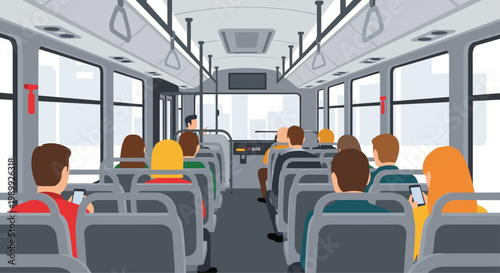 Diverse passengers sit in rows on a modern gray bus while some individuals look at their smartphones during a quiet commute through the city streets.