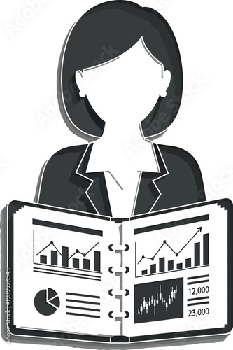 Businesswoman reviews financial performance data presented in a ledger book.